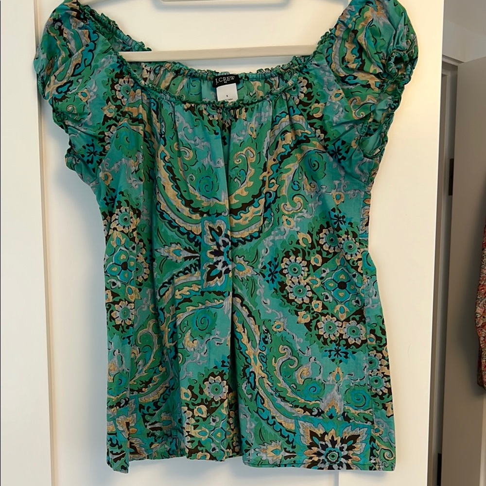 J. Crew Green Puff Sleeve Blouse in beautiful print.